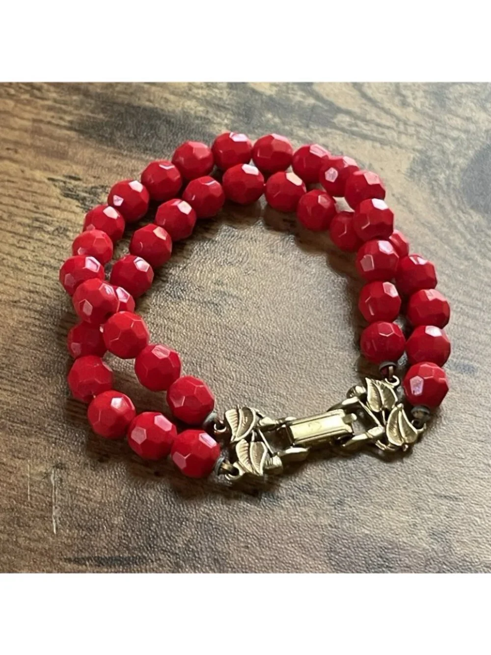 Vintage Red Beaded Double Strand Bracelet Faceted Glass Gold Tone Leaf Clasp